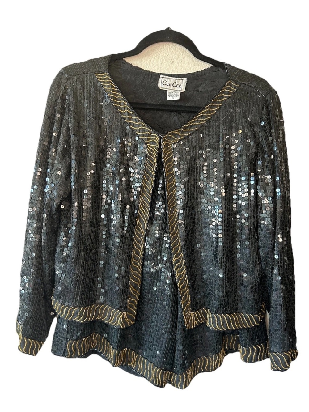 Vintage 1980’s Silk Sequin Beaded 2 Pc Set Jacket Shorts Black Gold S Glamour - Picture 4 of 12